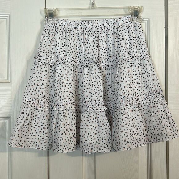 PRINCESS POLLY Size 0 NWT Rasmus Mini Skirt White Gray Peach Ruffle Tiered Linen - Picture 8 of 10